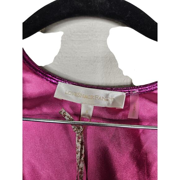 NEW LoveShackFancy S Fuschia Pink Shiny Metallic Missy Crop Top Tie Front Prep - Picture 5 of 7
